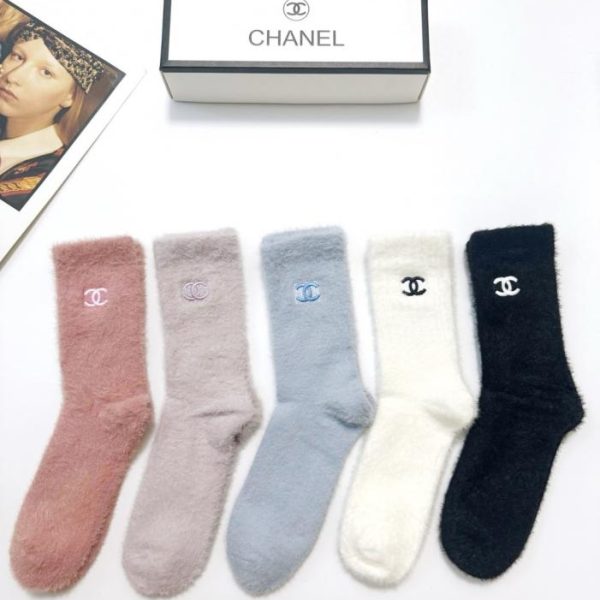 designer,replica,clothing,fake,1:1,lv,luxury,high quality [5 pairs per box] Chanel classic logo mink fleece ankle socks (GMROM)