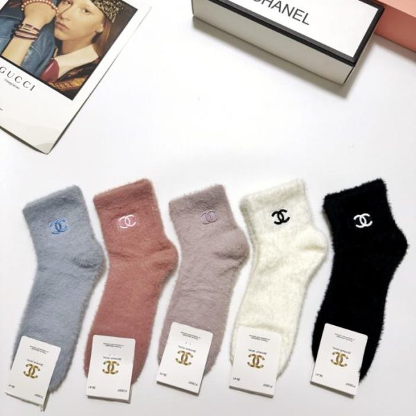 designer,replica,clothing,fake,1:1,lv,luxury,high quality [5 pairs per box] Chanel classic logo mink fleece ankle socks (K7OT4)