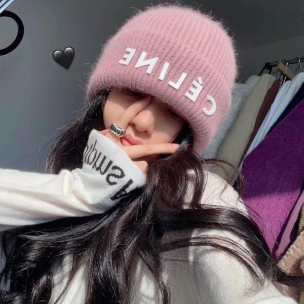 designer,replica,clothing,fake,1:1,lv,luxury,high quality CELINE Fall/Winter Angora Rabbit Fur and Wool Knitted Thick Turn-Up Brim Beanie (DI1LL)