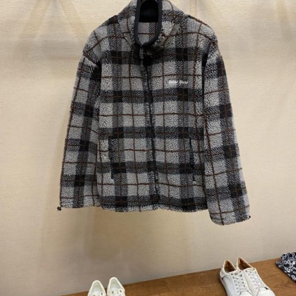 designer,replica,clothing,fake,1:1,lv,luxury,high quality Miu Miu plaid wool blend zip-up jacket (ZDI0S)