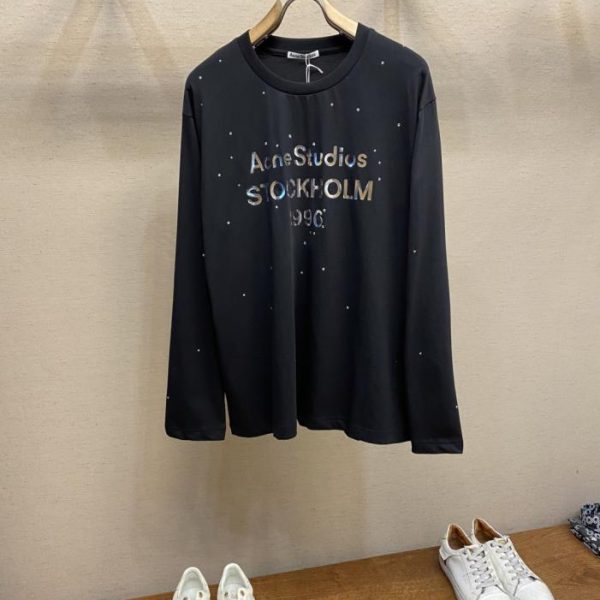 designer,replica,clothing,fake,1:1,lv,luxury,high quality Acne Studios Relaxed Fit Mirrored Laser Rhinestone Brand Logo Long Sleeve Crew Neck T-Shirt (465AN)