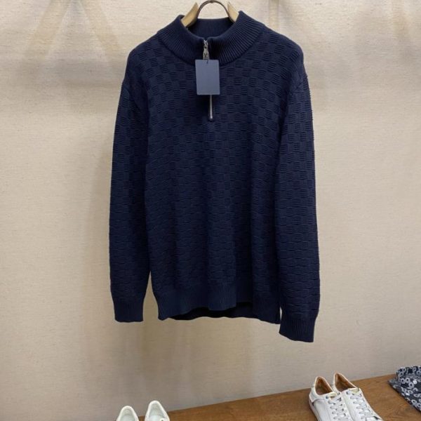 designer,replica,clothing,fake,1:1,lv,luxury,high quality LV Dark Mosaic Checkerboard Pattern Half-Zip Knit Pullover Sweater (HFN2A)