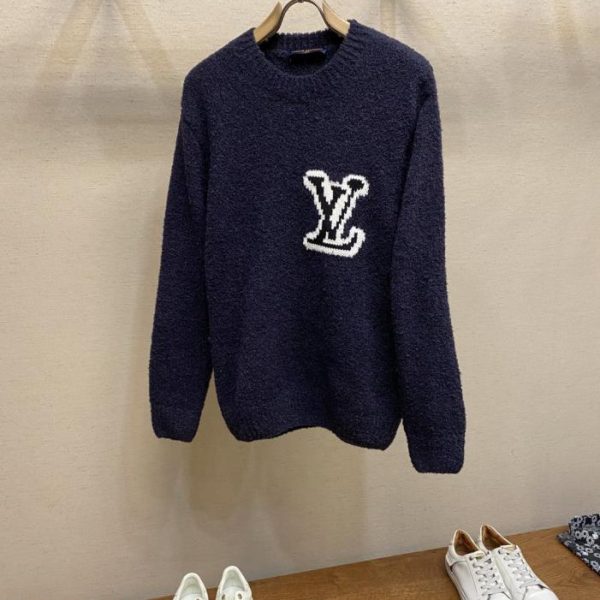 designer,replica,clothing,fake,1:1,lv,luxury,high quality LV wool blend crew neck sweater with intarsia LV logo on the front and back (BEM93)