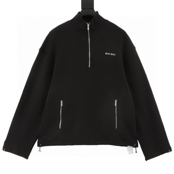 designer,replica,clothing,fake,1:1,lv,luxury,high quality MiuMiu Letter Fleece Half-Zip Cashmere Turtleneck Sweatshirt (14D4)