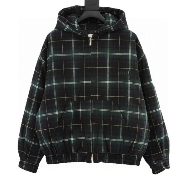 designer,replica,clothing,fake,1:1,lv,luxury,high quality MiuMiu green plaid hooded cotton apparel (507F)