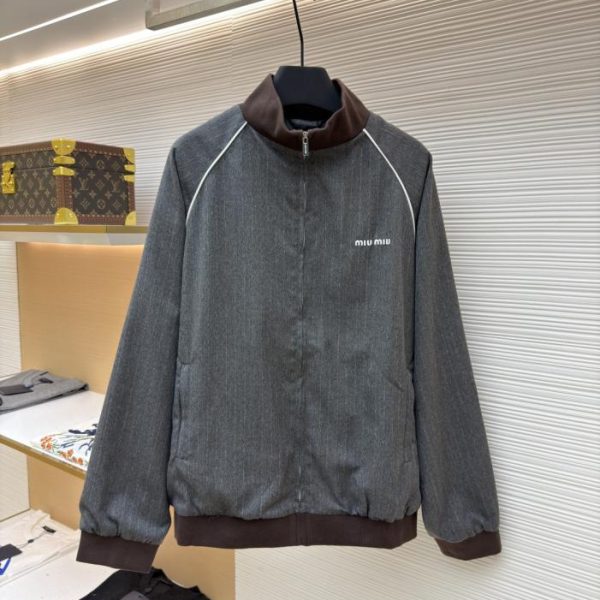 designer,replica,clothing,fake,1:1,lv,luxury,high quality MIU MIU Stand Collar Striped Zip-Up Jacket (KA48A)