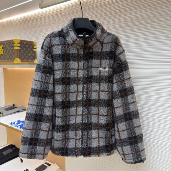 designer,replica,clothing,fake,1:1,lv,luxury,high quality MIUMIU Lambswool Plaid Embroidered Zipper Jacket (NB2V1)