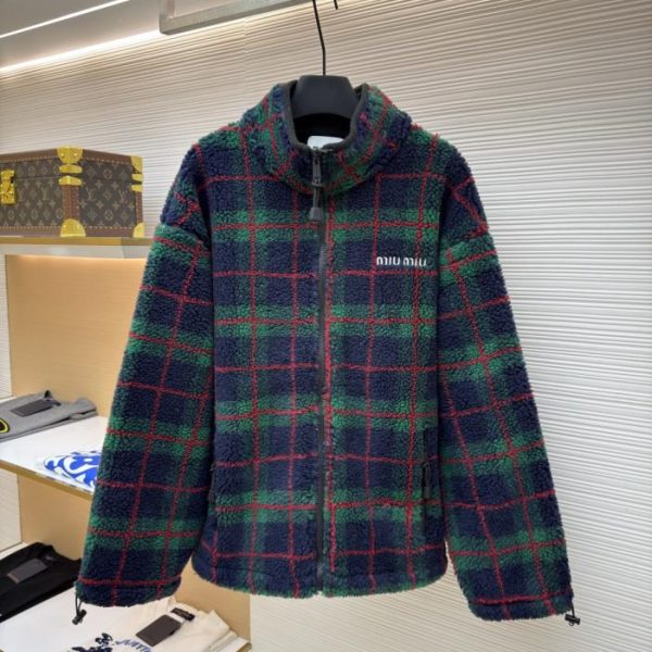 designer,replica,clothing,fake,1:1,lv,luxury,high quality MIUMIU Lambswool Plaid Embroidered Zipper Jacket (XT5AO)