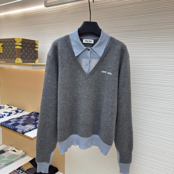 designer,replica,clothing,fake,1:1,lv,luxury,high quality MIUMIU Morandi Polo Collar Color Block Long-Sleeve (KWCOT)