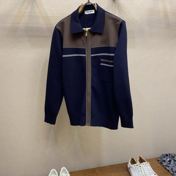 designer,replica,clothing,fake,1:1,lv,luxury,high quality Miu Miu Leather Logo Zip-Up Cardigan with Lapel (GJ35D)