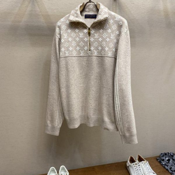 designer,replica,clothing,fake,1:1,lv,luxury,high quality LV monogram jacquard knit patchwork half-zip stand collar sweater (20 BZI)