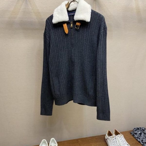 designer,replica,clothing,fake,1:1,lv,luxury,high quality LV FW25 Color-blocked Fur-collar Knit Zip-up Cardigan (W03TN)