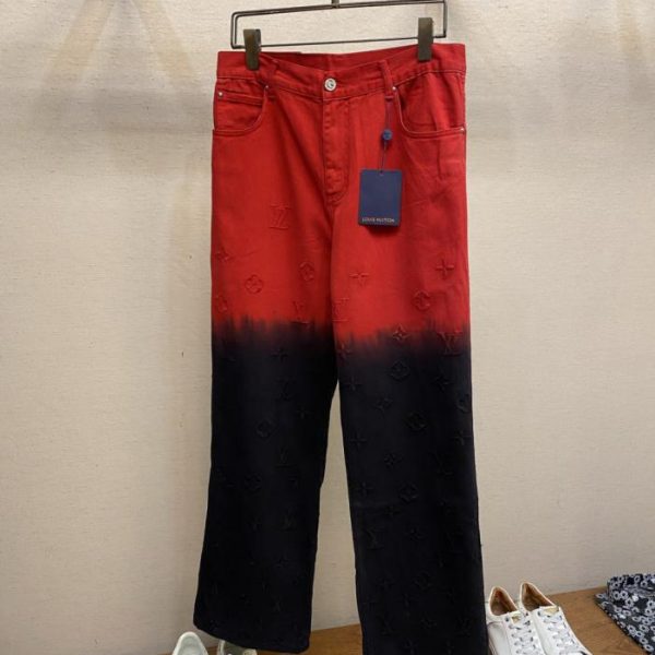 designer,replica,clothing,fake,1:1,lv,luxury,high quality Louis Vuitton heavily embroidered black and red color-blocked jeans (NYTMF)