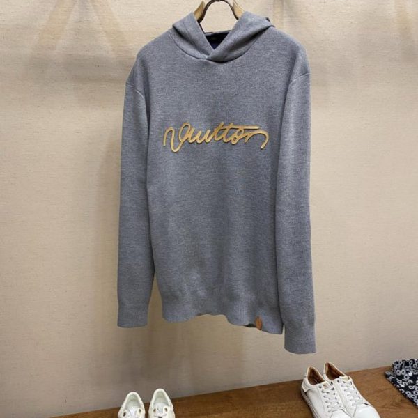 designer,replica,clothing,fake,1:1,lv,luxury,high quality Louis Vuitton SS26 Trunk Leather Logo Embroidered Knit Hooded Sweater (1 CHMW)