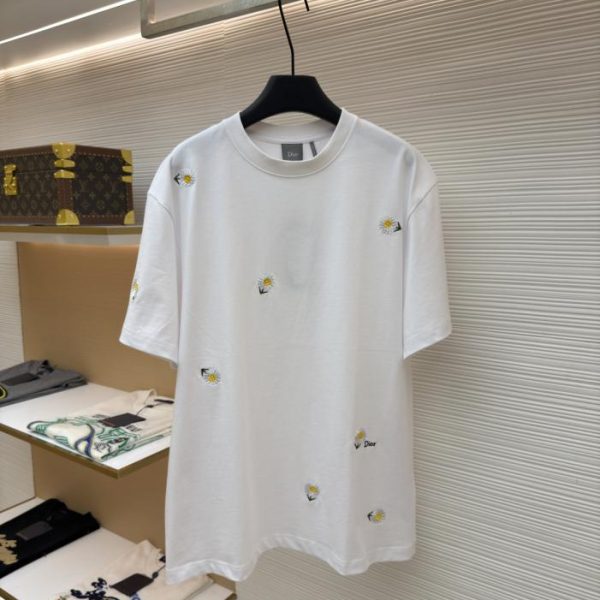 designer,replica,clothing,fake,1:1,lv,luxury,high quality Dior Cotton Knit Crew Neck Short Sleeve T-Shirt with Daisy Embroidery (BEAAM)
