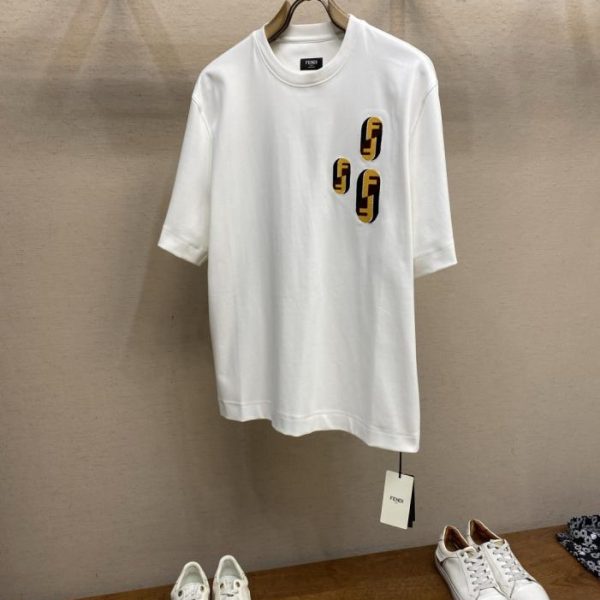 designer,replica,clothing,fake,1:1,lv,luxury,high quality Fendi FD New Crew Neck Pure Cotton Short-Sleeve T-Shirt, Yellow Tone, Exquisite FF Embroidery, Simple and Versatile, Unisex Style (RLKF7)