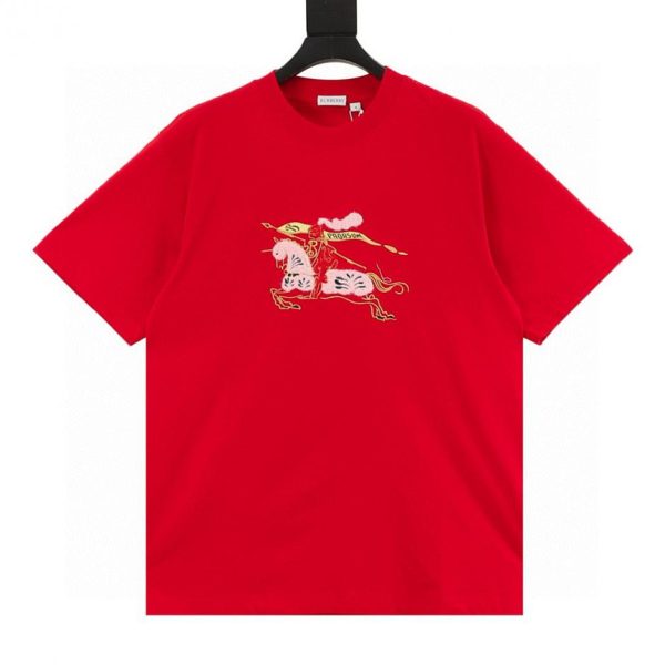 designer,replica,clothing,fake,1:1,lv,luxury,high quality Burberry flocked equestrian embroidered rider short-sleeved T-shirt (E475)