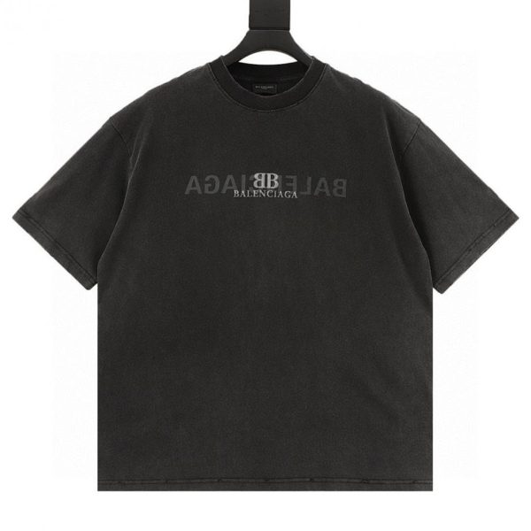 designer,replica,clothing,fake,1:1,lv,luxury,high quality BALENCIAGA Reverse Letter Double B Print Washed Ripped Short-Sleeve T-Shirt (0D9A)
