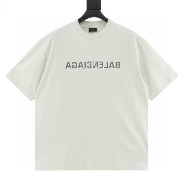 designer,replica,clothing,fake,1:1,lv,luxury,high quality BALENCIAGA Reverse Letter Double B Print Washed Ripped Short-Sleeve T-Shirt (192E)