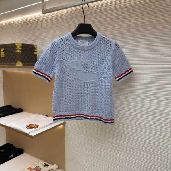 designer,replica,clothing,fake,1:1,lv,luxury,high quality THOM BROWNE Striped Openwork Knit Pullover Round Neck Short Sleeve [Women’s Clothing] (7910Y)