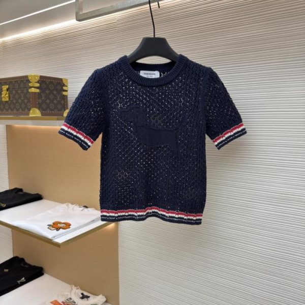 designer,replica,clothing,fake,1:1,lv,luxury,high quality THOM BROWNE Striped Openwork Knit Pullover Crew Neck Short-Sleeve Top [Women’s Clothing] (KQC3Z)