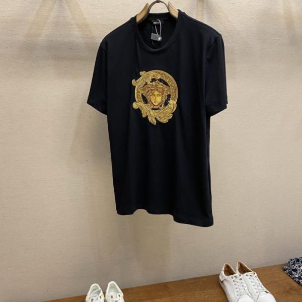 designer,replica,clothing,fake,1:1,lv,luxury,high quality Versace Embroidered Cotton Plain Knit Short-Sleeve T-Shirt (1Y57A)
