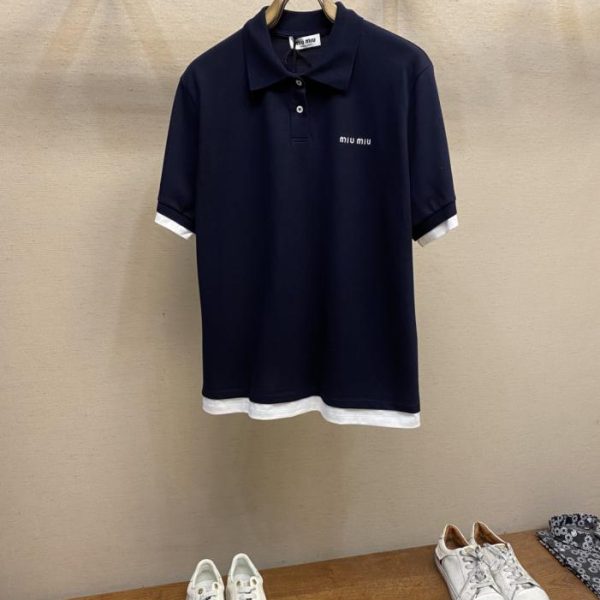 designer,replica,clothing,fake,1:1,lv,luxury,high quality Miu Miu New Knitted Piqué Cotton Faux Two-Piece Short-Sleeve Polo Shirt (60LIH)