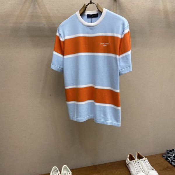 designer,replica,clothing,fake,1:1,lv,luxury,high quality LV Summer Logo Embroidered Lettering Striped Knit Short-Sleeve T-Shirt (QVFWY)
