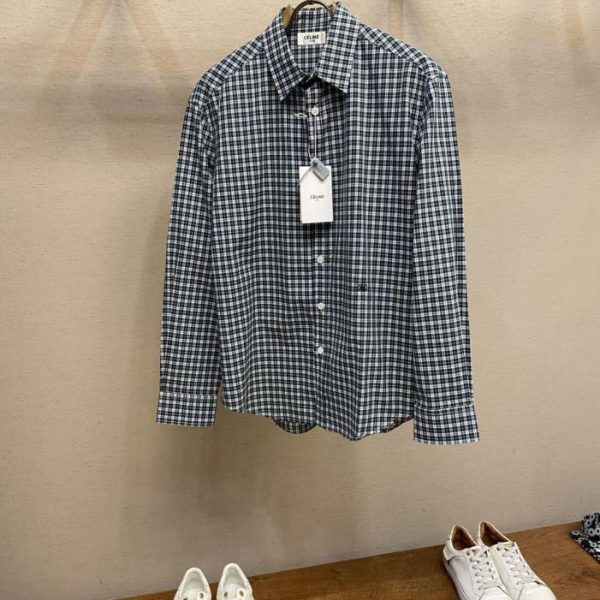 designer,replica,clothing,fake,1:1,lv,luxury,high quality Celine plaid cotton poplin shirt with embroidered logo (IJ75U)
