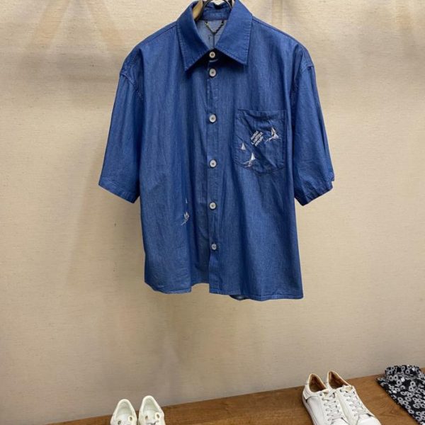 designer,replica,clothing,fake,1:1,lv,luxury,high quality LV Embroidered Chambray Short-Sleeve Shirt (E3140)