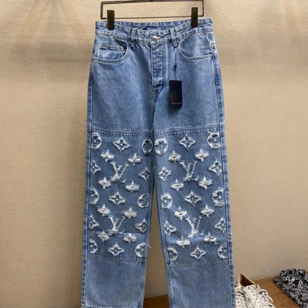 designer,replica,clothing,fake,1:1,lv,luxury,high quality New LV monogram laser-marked distressed jeans (C6JWC)