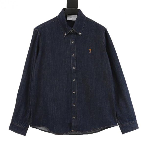 designer,replica,clothing,fake,1:1,lv,luxury,high quality AMI PARIS Denim Long-Sleeve Shirt with Small Heart Embroidery (729D)