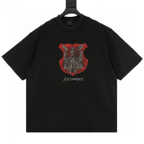 designer,replica,clothing,fake,1:1,lv,luxury,high quality BALENCIAGA 24ss Castle Print Distressed Short-Sleeve T-Shirt (DD98)