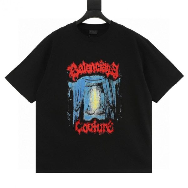 designer,replica,clothing,fake,1:1,lv,luxury,high quality Balenciaga Red and Blue Graffiti Door Style Washed Ripped Short-Sleeve T-Shirt (D995)