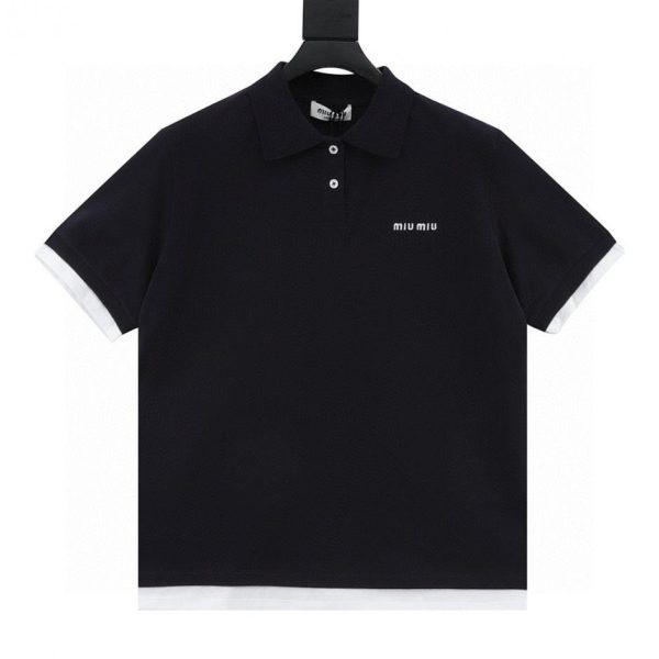 designer,replica,clothing,fake,1:1,lv,luxury,high quality MiuMiu MM logo embroidered short-sleeved polo shirt with white trim (56CF)
