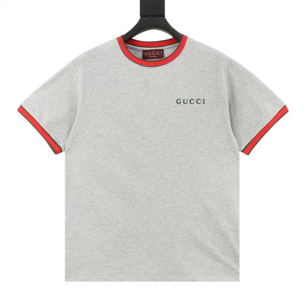 designer,replica,clothing,fake,1:1,lv,luxury,high quality GUCCI Red and Green Color-Blocked Ribbed Embroidered Letter Short-Sleeve T-Shirt (0652)