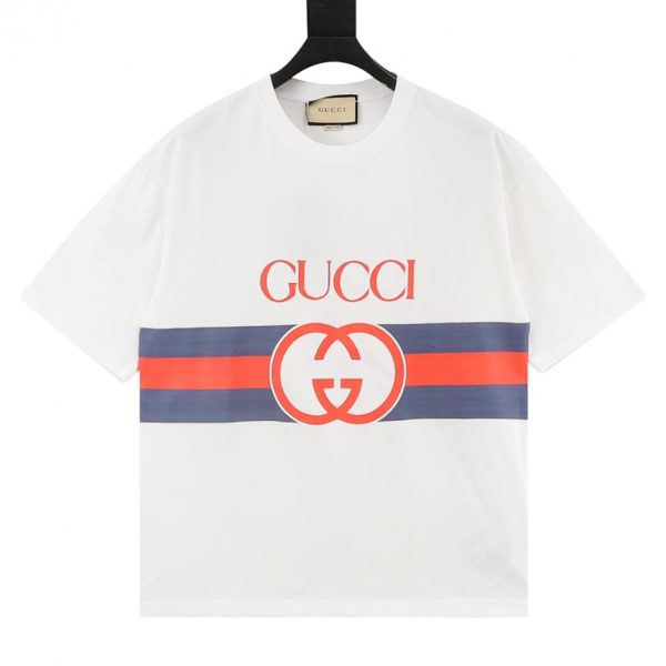 designer,replica,clothing,fake,1:1,lv,luxury,high quality GUCCI Blue and Red Striped Interlocking Logo Print Short-Sleeve T-Shirt (E624)