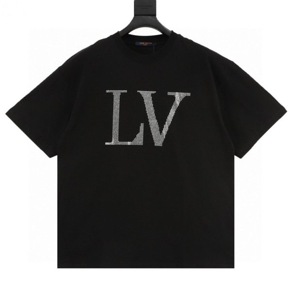 designer,replica,clothing,fake,1:1,lv,luxury,high quality LOUIS VUITTON Classic Rhinestone Logo Short-Sleeve T-Shirt (7BE2)