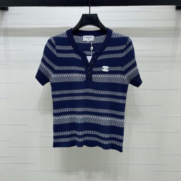 designer,replica,clothing,fake,1:1,lv,luxury,high quality CHANEL V-neck striped knit short-sleeved top (0C1UW)