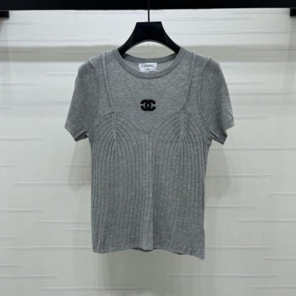 designer,replica,clothing,fake,1:1,lv,luxury,high quality CHANEL patchwork knit short-sleeved top (TZ32G)