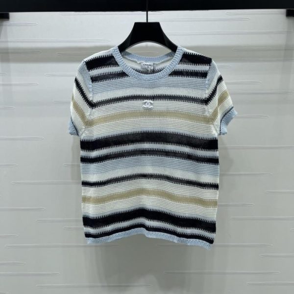 designer,replica,clothing,fake,1:1,lv,luxury,high quality CHANEL Color-blocked Striped Knit Short-Sleeve T-Shirt (TA260)
