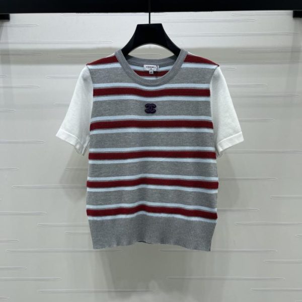 designer,replica,clothing,fake,1:1,lv,luxury,high quality CHANEL Color Block Striped Knit Short-Sleeve T-Shirt (WD7JC)