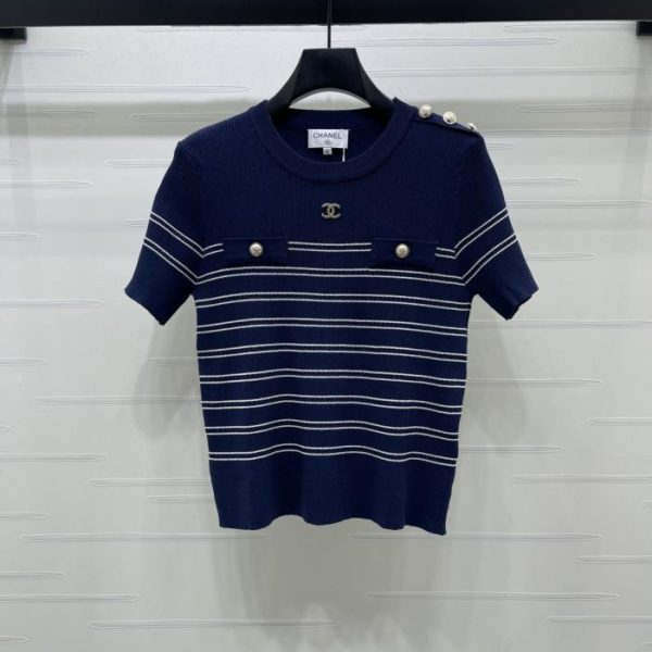designer,replica,clothing,fake,1:1,lv,luxury,high quality CHANEL striped knit short-sleeved top (CJ8DA)