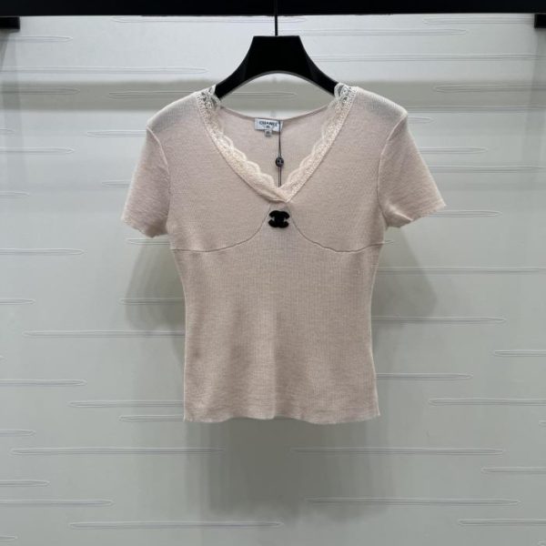 designer,replica,clothing,fake,1:1,lv,luxury,high quality CHANEL Lace-trimmed Knit Short-Sleeve T-Shirt (C3W5M)