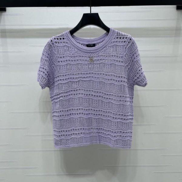designer,replica,clothing,fake,1:1,lv,luxury,high quality CHANEL Openwork Crew Neck Knit Short-Sleeve T-Shirt (FZXSO)