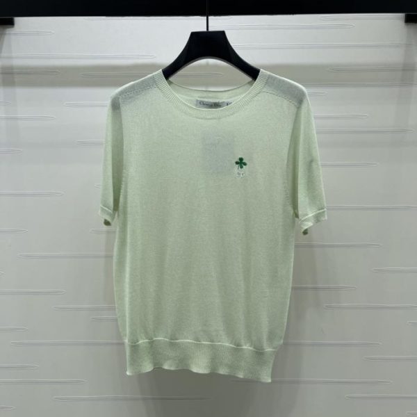 designer,replica,clothing,fake,1:1,lv,luxury,high quality Dior Crew Neck Embroidered Four-Leaf Clover Knit Short-Sleeve T-Shirt (9XDF7)