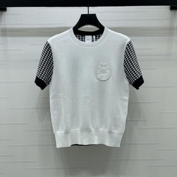 designer,replica,clothing,fake,1:1,lv,luxury,high quality Dior white knit short-sleeved top with black houndstooth patchwork (X6IDN)