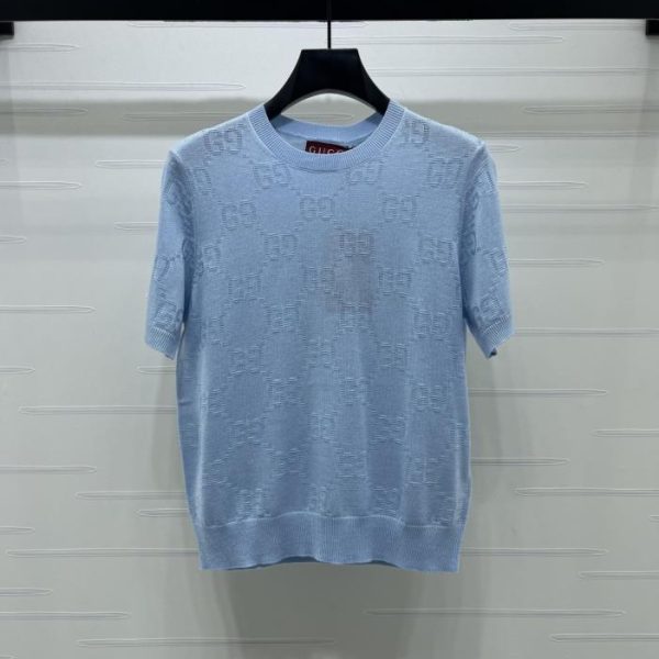 designer,replica,clothing,fake,1:1,lv,luxury,high quality Gucci light blue short-sleeved shirt with “GG” logo jacquard pattern (YRLIU)