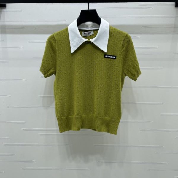 designer,replica,clothing,fake,1:1,lv,luxury,high quality MiuMiu color-blocked collared knit short-sleeved top! (30R66)