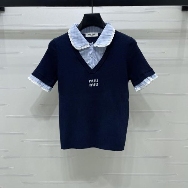 designer,replica,clothing,fake,1:1,lv,luxury,high quality MiuMiu striped patchwork knit short-sleeved T-shirt with Peter Pan collar (23W2S)